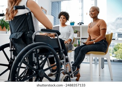 Office, meeting and interview of woman in wheelchair for affirmative action project, recruitment or vacancy. Company, inclusive workplace and person with disability for job, career and opportunity - Powered by Shutterstock