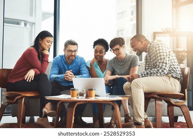 Office, meeting and people with laptop at table for project information, review and IT research. Company, diversity and developer team with tech for software development, plan and open source report