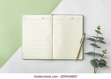 Office notebook with blank pages lying open on two tone or bicolor green and white background with leaf of a potted plant and pen in a creative flat lay still life
