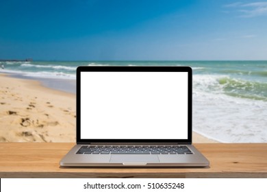 Office On The Beach, Laptop With Empty Scree