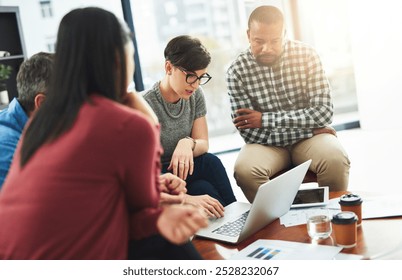Office, planning and people with laptop at table for project research, support and IT review. Business, discussion and developer with tech for software development, report and open source information