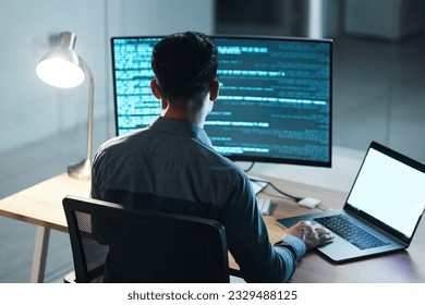 Office, programming and man with technology, code and typing with data analytics, cyber security and software update. Male person, programmer and developer with laptop, database and cloud computing