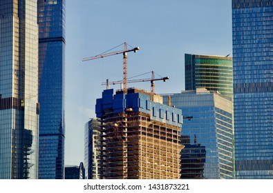 Office And Residential Skyscrapers. Property Development. Building Commercial Real Estate. Modern Business City District Construction. Financial City District Development.Economic And Business Growth.