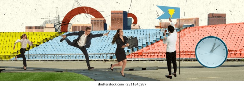 Office rivals. Contemporary art collage with workers, employees racing at finish point in motion on athlete field background symbolizing competitions. Banner. Contention, leadership, ad concept