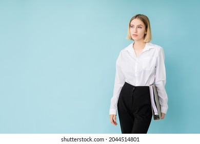 Office routine. Elegant woman. Important documents. Advertising background. Business looking lady holding cardboard isolated blue copy space.