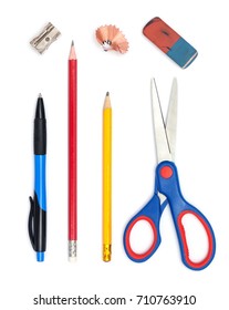 Office / School Objects: Pen, Pencils, Eraser, Scissors, Pencil Sharpener All Isolated On White Background