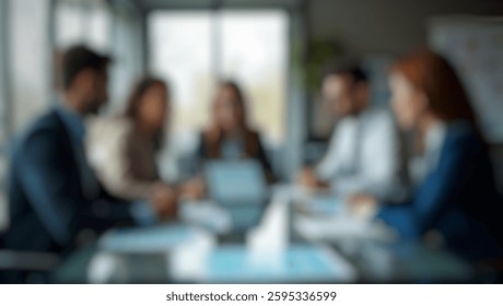 Office setting with a defocused abstract background of business people using a tablet. Perfect for collaboration, leadership, and teamwork themes.
