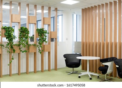 Office Space Interior With Green Plant Corner For Relaxing/ Greens In Workspaces/ Winter Garden In Room/ Healthy Lifestyle, Tree Lover And Gardening Concept