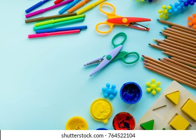 Office and student accessories on a pink. Back to school concept. School, education and learning concept. creativity for kids. Top view colorful background. Flat lay