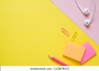 Office Supplies On Yellow Table With Copy Space. Education Concept, School And Office