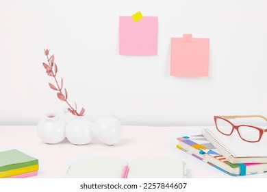 Office Supplies Over Desk With Keyboard And Glasses And Coffee Cup For Working Remotely, Assorted School Utilities For Studying With Hot Drink And Eyeglasses. - Powered by Shutterstock