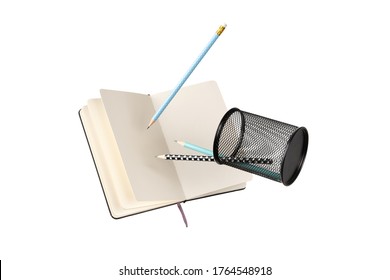 Office supplies stationery levitate over white background  Back to school work education creative layout