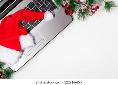 Office Table With Computer. Christmas Background. Top View