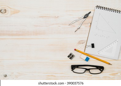 Office Table Or Desk Seen From Above. Top View Product Photograph. School Or University Concept Image.