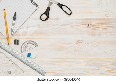 Office Table Or Desk Seen From Above. Top View Product Photograph. Shool Or University Concept Image.