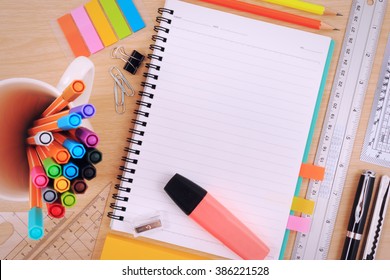 Office Table Desk With Set Of Office Stationery Or Math Supplies.