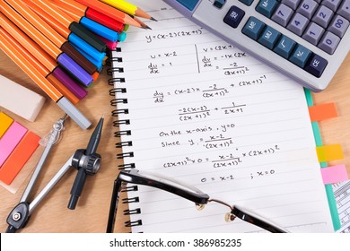 Office Table Desk With Set Of Office Stationery Or Math Supplies.