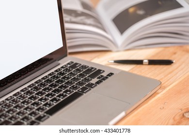 office table, Workplace, laptop and note paper on wooden table.
