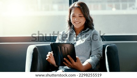 Office tablet, typing and woman reading good review of social network feedback, customer experience or ecommerce. Brand monitoring data, website info or media worker working on online survey analysis