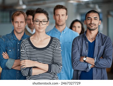 Office, team building and portrait of business people with arms crossed for unity, trust and partnership. Internship, support and employees with smile at agency for leadership, solidarity and pride - Powered by Shutterstock