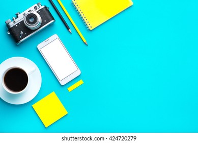 Office Tools. Digital Technology. Innovative Implementation In Business. Internet Applications. Wireless Function. Tablet Phone And Camera. Developing Applications On The Internet. Flat Lay Photo