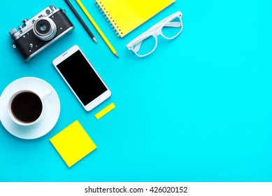 Office Tools. Digital Technology. Innovative Implementation In Business. Internet Applications. Wireless Function. Tablet Phone And Camera Developing Applications On The Internet. Flat Lay Photo