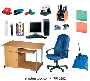 office tools, stationery set isolated on white background