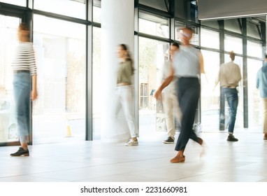 Office walking, business and team with moving speed in a office ready for morning working. Corporate worker, company employee group and staff walk together with a blur, action and fast workplace