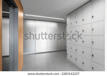 Office wardrobe, locker room in sport club. Dressing room