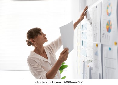 office with whiteboard with sticky notes, planning and brainstorming, idea. New project and employee, innovation strategist working in business. Businesswoman workin near whiteboard with documents - Powered by Shutterstock