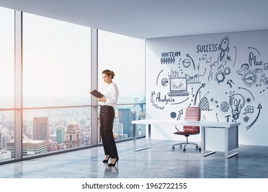 Office woman boss with notes in hands, standing near panoramic windows with skyscrapers. Manager room with business strategy plan, graphs and network icons. Concept of business idea - Powered by Shutterstock