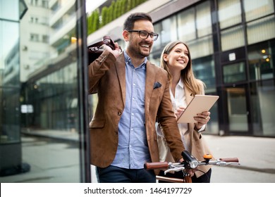 Office Woman With Business Man Couple Enjoying Break While Talking Flirting Outdoor