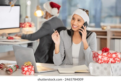 Office woman, Christmas phone call with planning, ideas or thinking of gift giving for secret santa. Happy worker or copywriter with notebook, mobile and inspiration for newsletter on festive holiday - Powered by Shutterstock