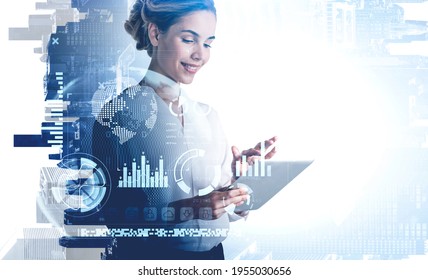 Office woman finger touch electronic tablet, stock market changes screen and business bar chart. Double exposure of skyscrapers, pie chart and graphs. Concept of technology and finance - Powered by Shutterstock