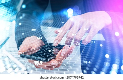 Office woman fingers point at phone, cryptocurrency hologram with cells and chains, blue and violet bokeh lights and numbers. Concept of mobile app
