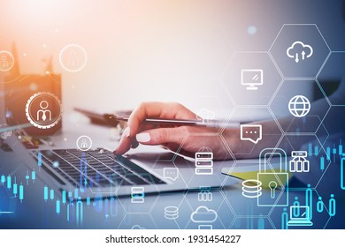 Office woman hand with pen and laptop, double exposure with network icons and blue graphs. Manager in global communication network and personal information - Powered by Shutterstock