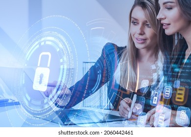 Office woman hand point at hud with lock, graphs and network symbols. Business teamwork, communication and data storage. Concept of cyber security and finance