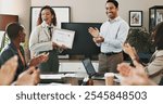 Office, woman and man with clapping hands at award ceremony for achievement, success and well done. People, employees and happy or applause at boardroom with certificate for celebration or completion