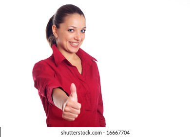 Office Woman On Red Shirt With Thumb Up