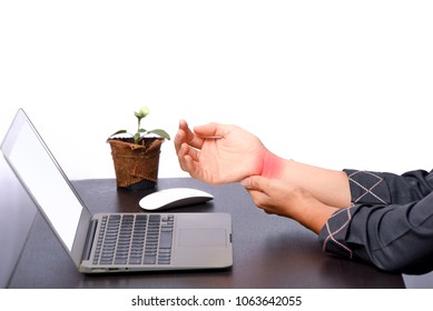 Office Woman Pain At Right Wrist, Case Woman Woking At Table And Pain At Right Wrist Because Of Hard Work, Office Syndrome Concept 