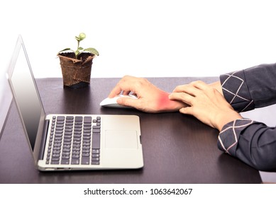 Office Woman Pain At Right Wrist, Case Woman Woking At Table And Pain At Right Wrist Because Of Hard Work, Office Syndrome Concept 