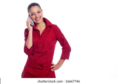 Office Woman In Red Shirt With Telephone