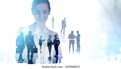 Office Woman And Silhouettes Of Diverse Business People Working Together, Blurred Background Of Skyscrapers At Night. Concept Of International Communication With Partners