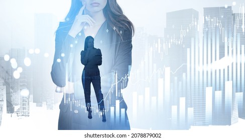 Office Woman With Tablet In Hands, Thoughtful. Skyscrapers And Stock Market Candlesticks Dynamics, Bar Chart And Numbers, Double Exposure. Concept Of Trader And Financial Advisor