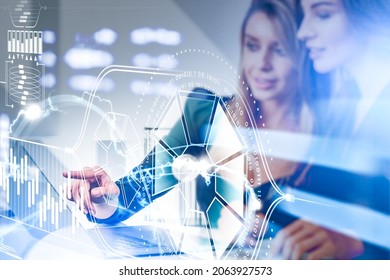 Office women hand point at computer screen, double exposure hud with binary coding system and data service. Concept of technology and information