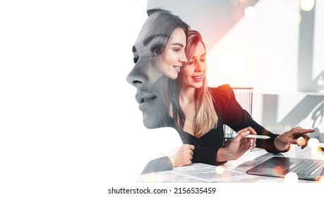 Office women working together, laptop on desk in business room, double exposure, woman pensive profile silhouette. Concept of business teamwork