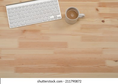 Office Wooden Desktop Top Down View With Computer Keyboard