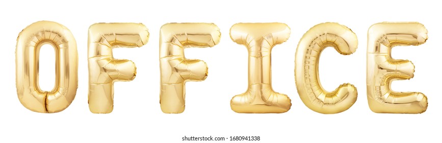 Office Word Made Of Golden Inflatable Balloons Isolated On White Background. Corporate Party Balloons Concept