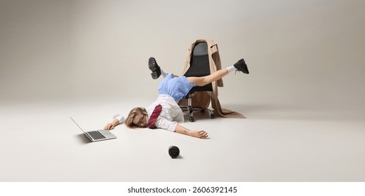 Office worker balancing upside down on chair, while working on laptop, reflecting instability of work-life balance. Concept of corporate burnout, mental health, business challenges. Ad