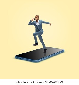 Office worker, businessman in suit running on the surface of giant smartphone's screen isolated on background. Modern business and finance, devices, time, creative artwork, contemporary design.